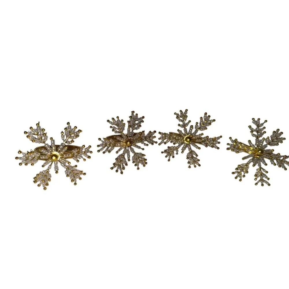 Set 6 White Clear Seed Beaded Gold Winter Christmas Snowflake Napkin Rings